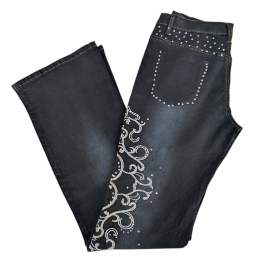 Y2K NWT Jordon Black Jeans With Silver Embroidery and Rhinestones Size M